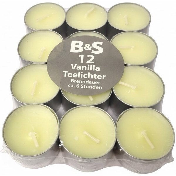 B&S Teelicht 12 Duft Teelichter Vanille/ H 2,4 x Ø 3,7 cm / 6 Stunden (1-tlg)