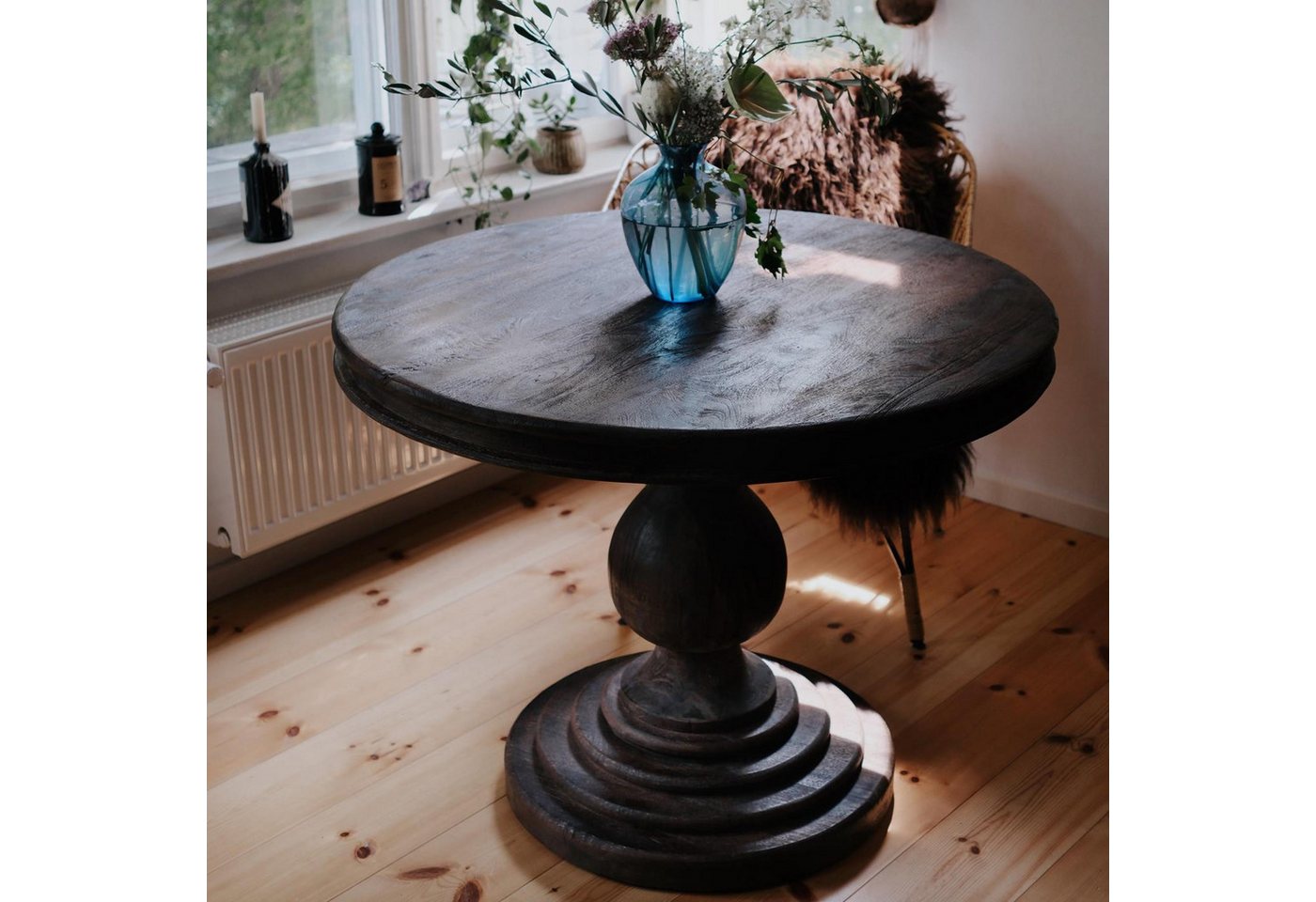baario Esstisch Esstisch HARRISON dunkelbraun Ø100, rund massiv Mangoholz Landhaus Antik Design – Bild 3 von 5