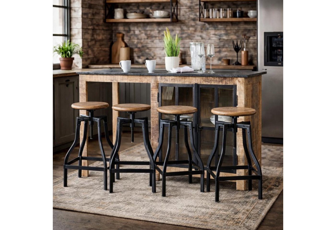 baario Sitzhocker Barhocker INDUS, höhenverstellbar Eisen & edles Mangoholz Industrial Design – Bild 2 von 5