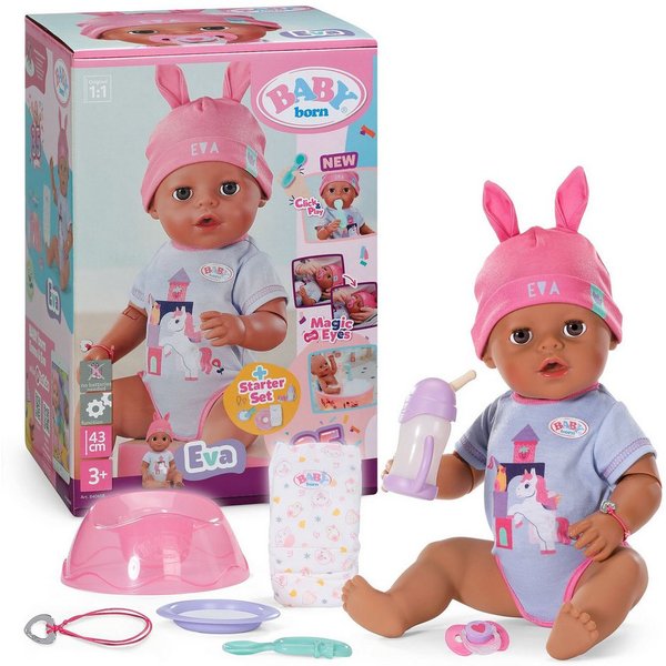 Baby Born Babypuppe Eva Click & Play 43 cm, mit Click-&-Play: Hält Fläschchen und Löffel selbst - ohne Batterien
