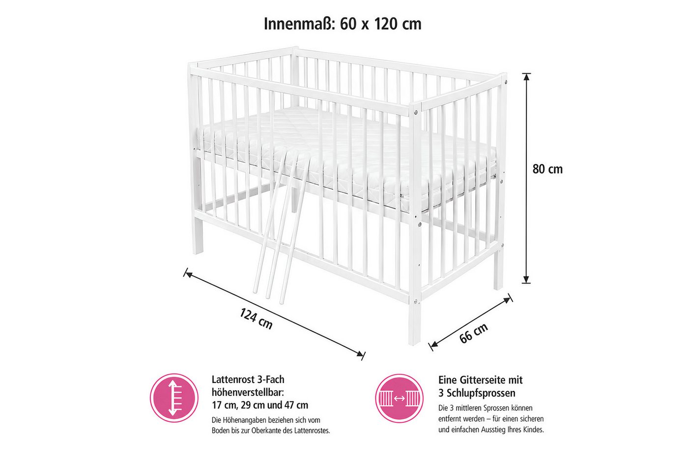 Baby-Delux Babybett Milo, Kinderbett 60x120 cm höhenverstellbar, Kiefernholz, Schlupfsprossen – Bild 5 von 5