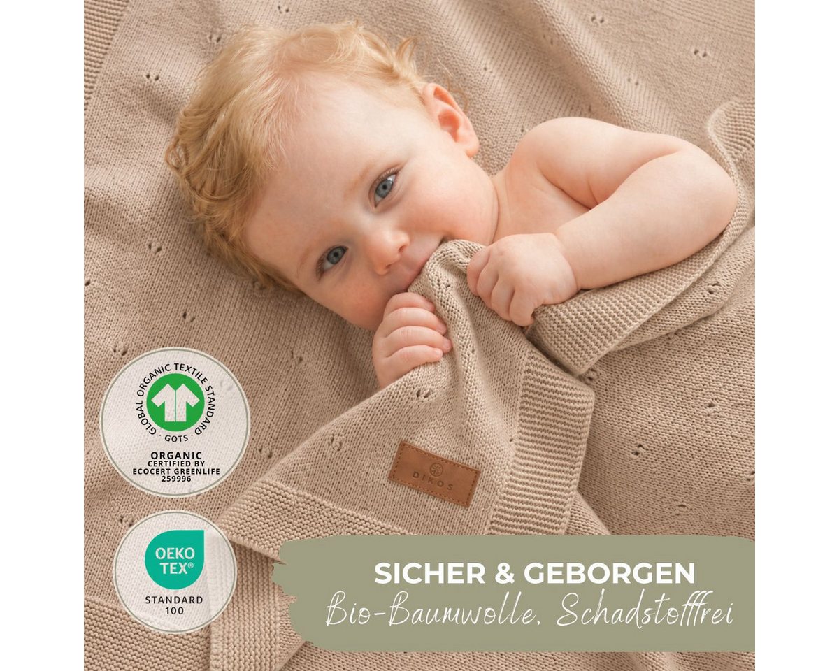 Babydecke DIKOS® aus *100%* Bio Baumwolle, Strickdecke, Geschenk zur Geburt, DIKOS, PREMIUM Qualität, Sommerdecke Ajour, 75x100, atmungsaktiv, weich – Bild 5 von 5