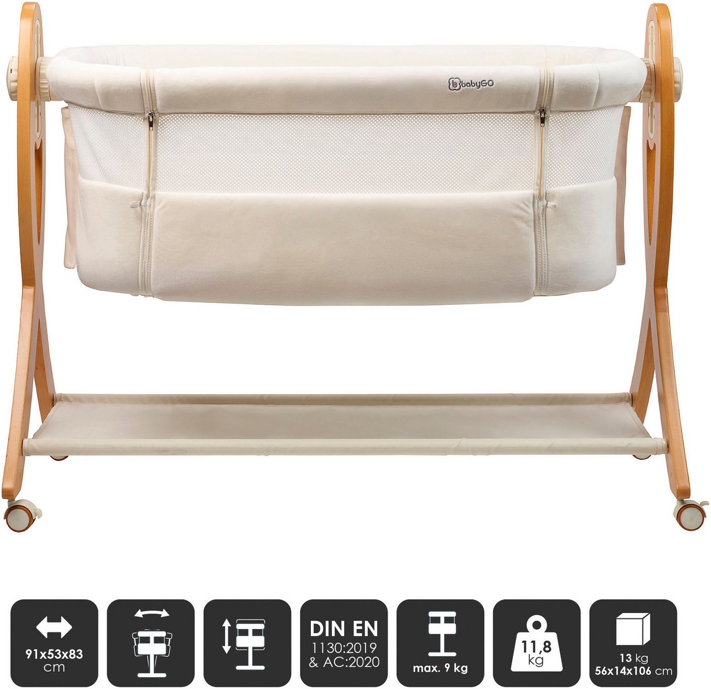 BabyGo Beistellbett SidebySide, weiß/beige, mit Schaukelfunktion – Bild 4 von 5