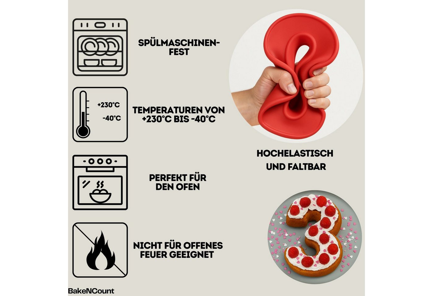 BakeNCount Backform BakeNCount Kuchen Backformen-Set Zahlen, extra Groß, aus Silikon – Bild 2 von 5