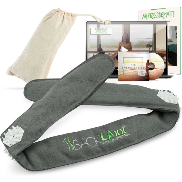 BACKLAxx® Massagegerät Akupressur Stirnband, Kopfband, Kopfmassagegerät mit Tasche zur Kopfmassage, Intensitätsregulierung durch Klettverschluss