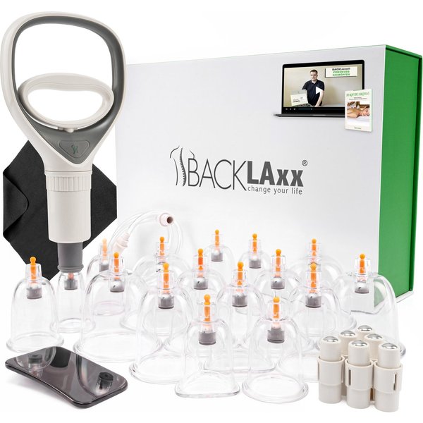 BACKLAxx® Massagegerät Schröpfen Set, 16x Schröpfglocken, 6x Therapiemagnete, 1x Verlängerungsschlauch, 1x Faszienschaber, 1x Mikrofasertuch, 1x Aufbewahrungsbo