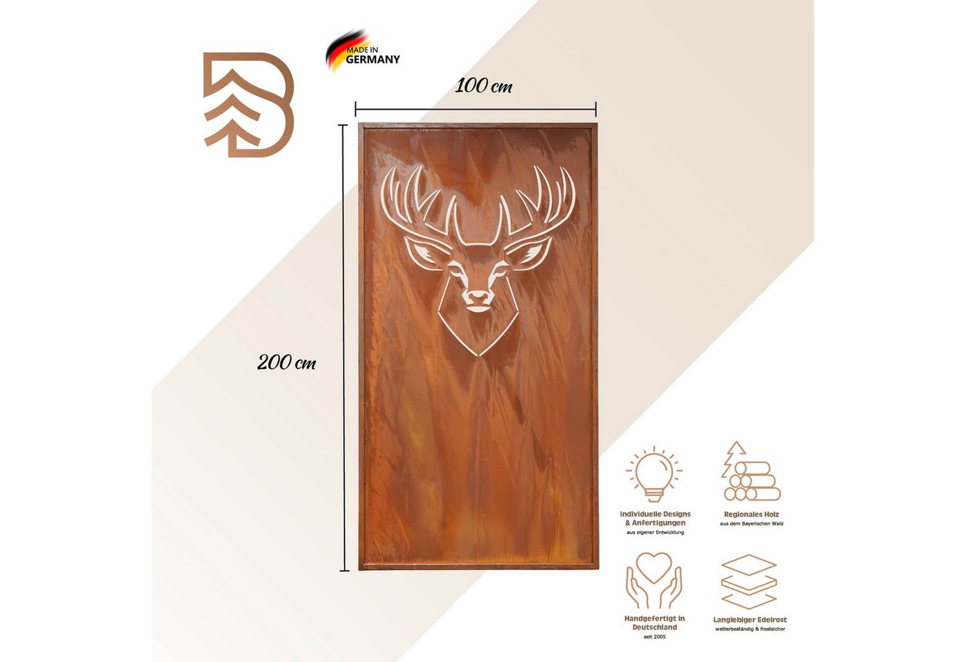 BADEKO Sichtschutzelement Sichtschutz Paravent Hirsch 200x100cm aus Edelrost in Cortenstahloptik – Bild 2 von 3