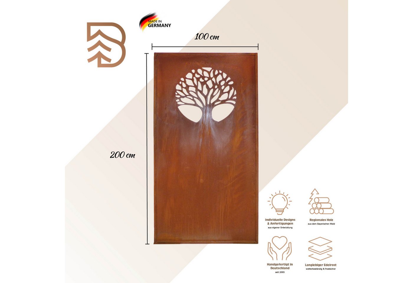 BADEKO Sichtschutzelement Sichtschutz Paravent Lebensbaum 200x100cm Edelrost Cortenstahloptik – Bild 2 von 3