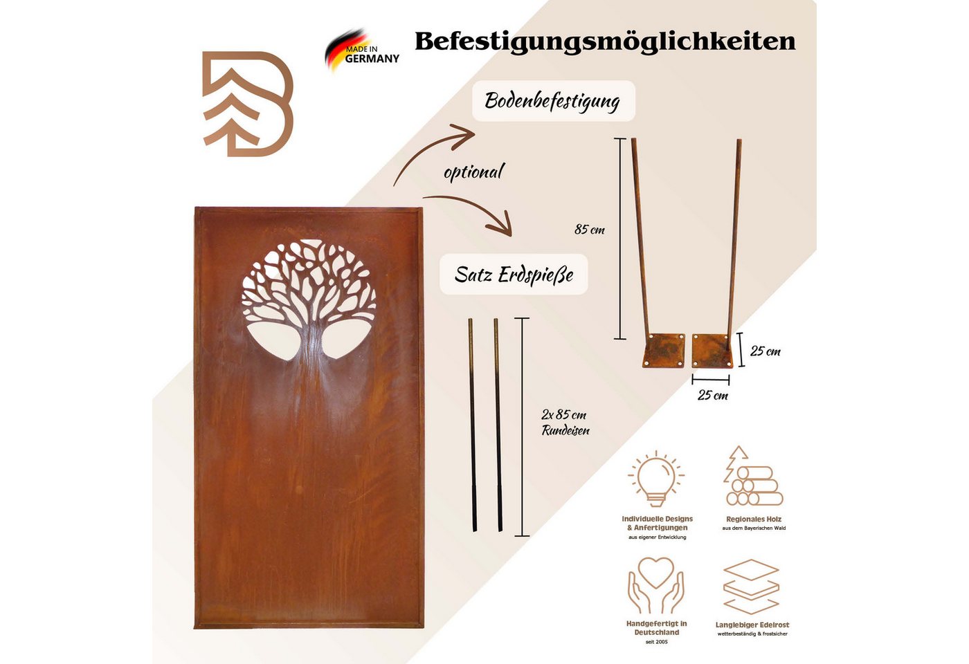 BADEKO Sichtschutzelement Sichtschutz Paravent Lebensbaum 200x100cm Edelrost Cortenstahloptik – Bild 3 von 3