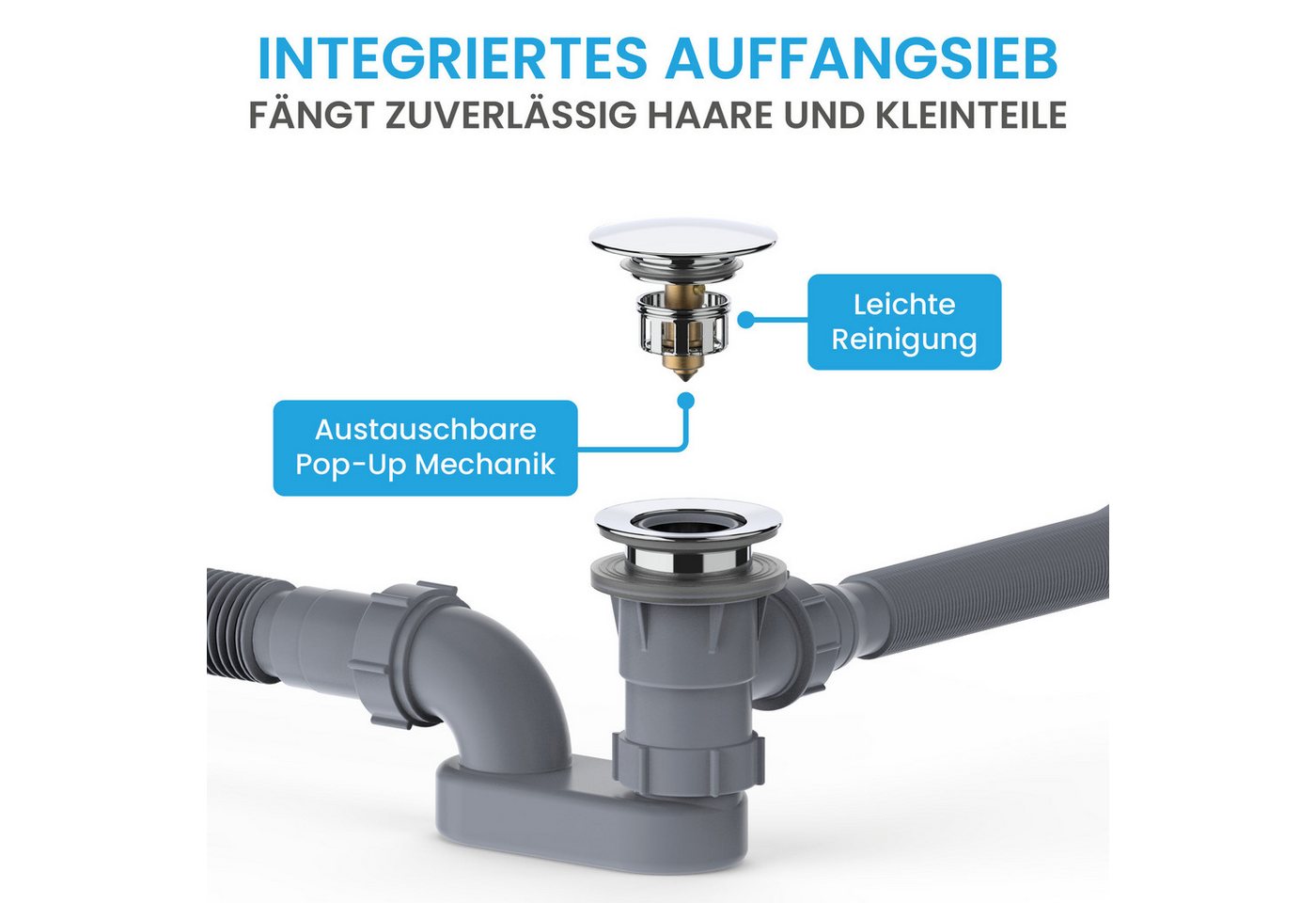 Bächlein Ablaufgarnitur Badewanne Pop-Up - mit Pop Up Funktion und Haarsieb (Set, Komplettset inkl. flexiblem Überlauf, Überlaufblende & Siphon) Pop-Up – Bild 3 von 5