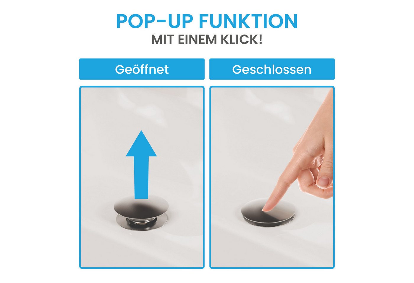 Bächlein Ablaufgarnitur Waschbeckenabfluss Pop Up (Waschbeckenstöpsel mit Überlauf) Werkzeugloser Einbau - Click Clack Funktion – Bild 2 von 5