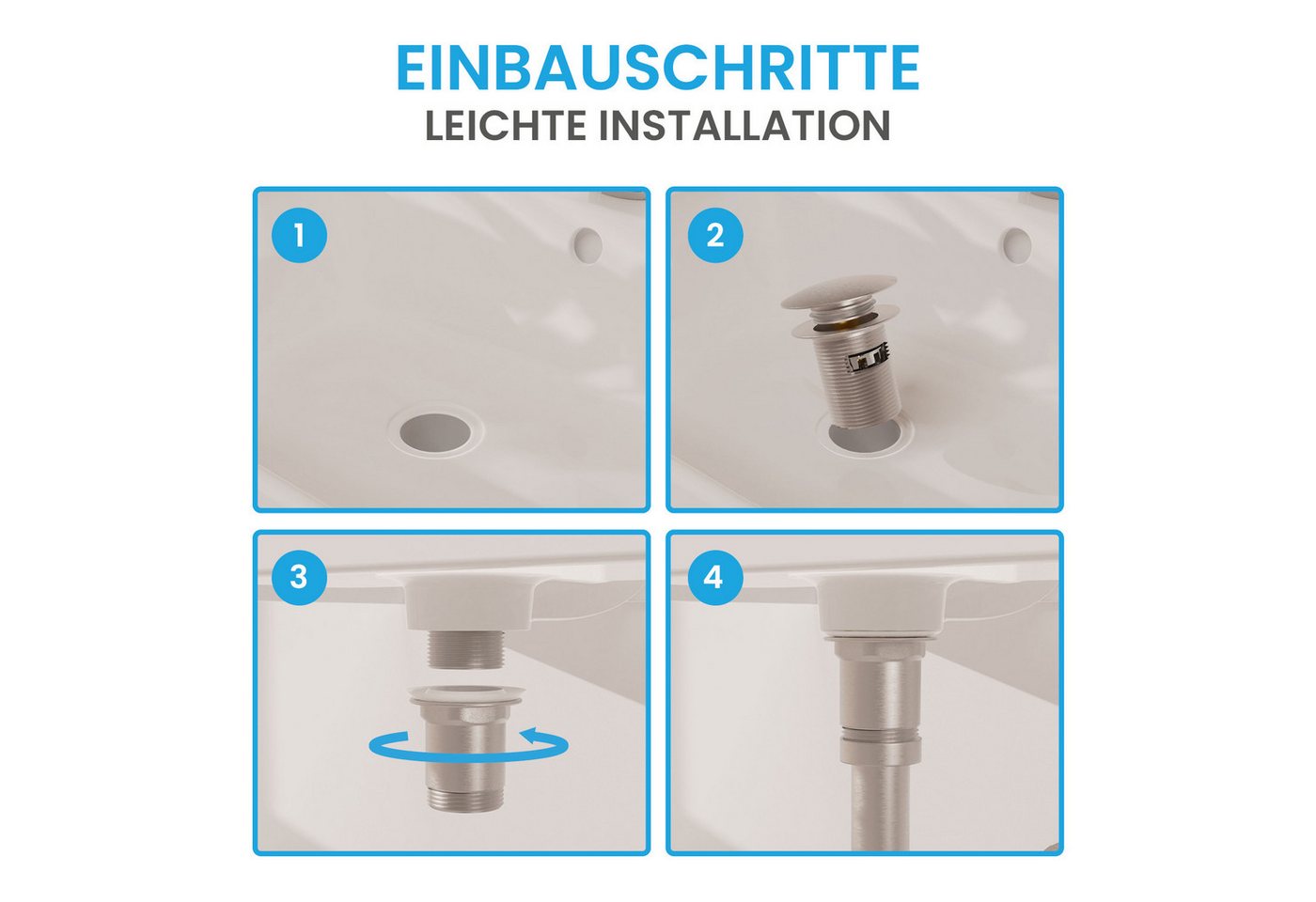 Bächlein Ablaufgarnitur Waschbeckenabfluss Pop Up (Waschbeckenstöpsel mit Überlauf) Werkzeugloser Einbau - Click Clack Funktion – Bild 4 von 5