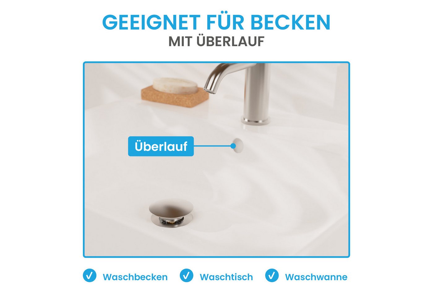 Bächlein Ablaufgarnitur Waschbeckenabfluss Pop Up (Waschbeckenstöpsel mit Überlauf) Werkzeugloser Einbau - Click Clack Funktion – Bild 5 von 5