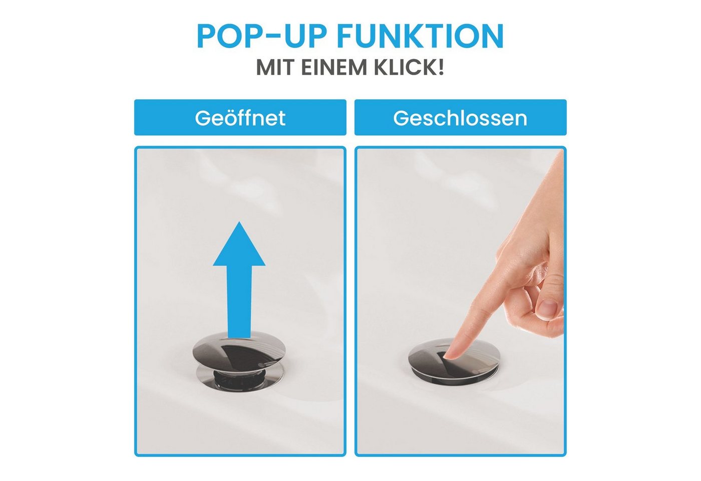 Bächlein Ablaufgarnitur Waschbeckenabfluss Pop Up (Waschbeckenstöpsel mit Überlauf) Werkzeugloser Einbau - Click Clack Funktion – Bild 2 von 5
