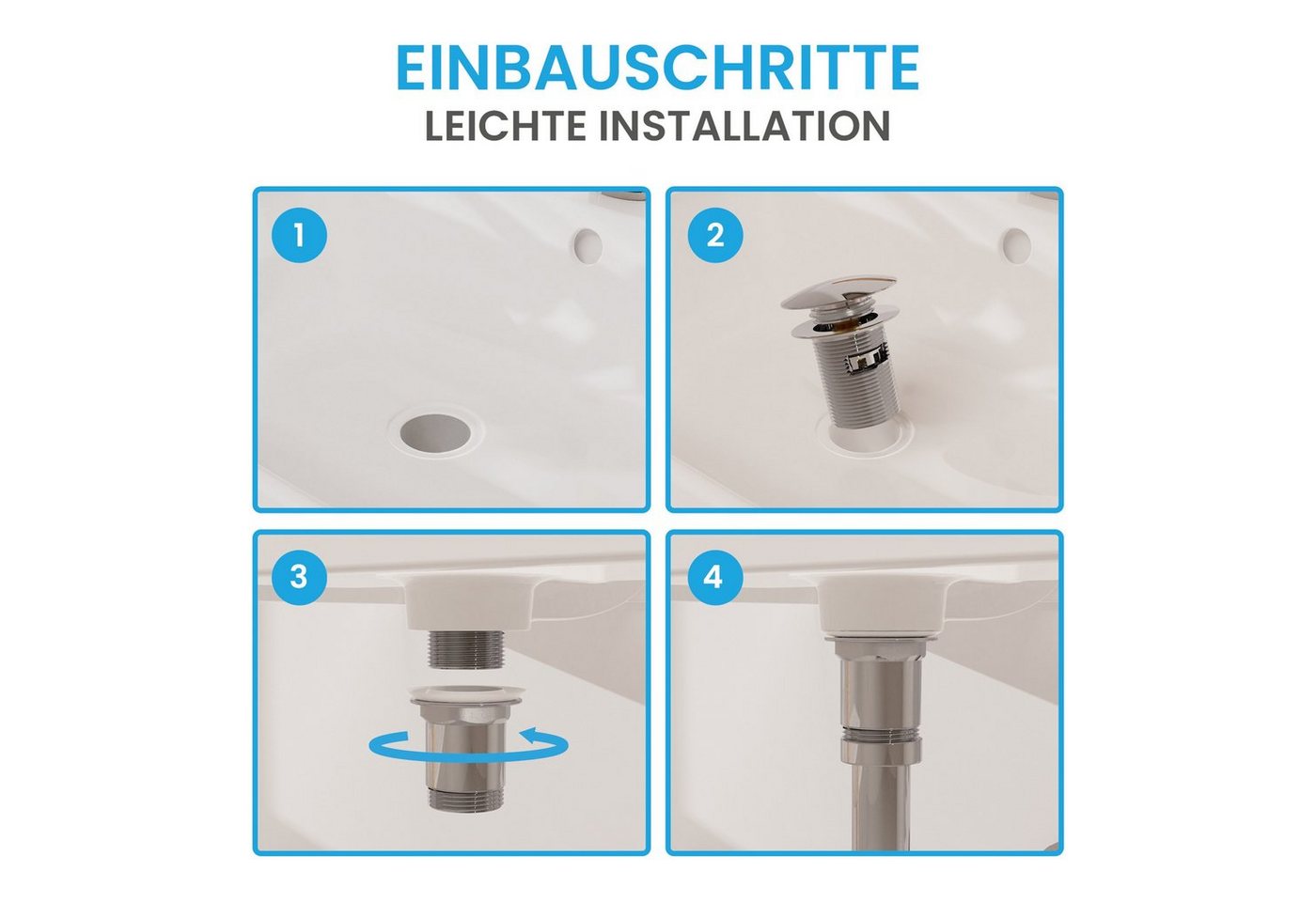 Bächlein Ablaufgarnitur Waschbeckenabfluss Pop Up (Waschbeckenstöpsel mit Überlauf) Werkzeugloser Einbau - Click Clack Funktion – Bild 4 von 5