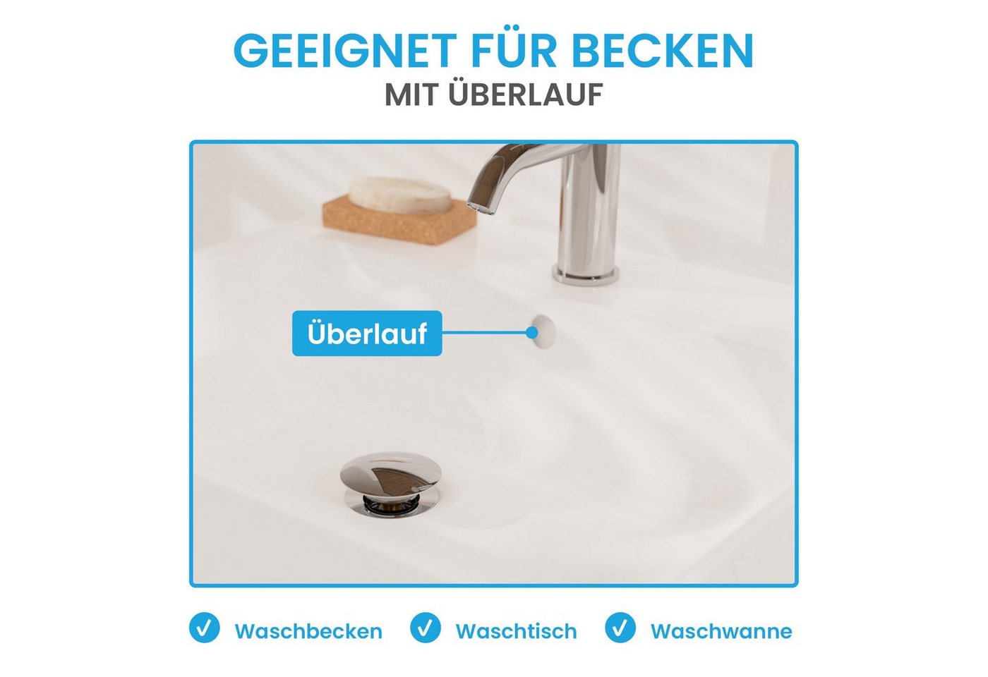 Bächlein Ablaufgarnitur Waschbeckenabfluss Pop Up (Waschbeckenstöpsel mit Überlauf) Werkzeugloser Einbau - Click Clack Funktion – Bild 5 von 5