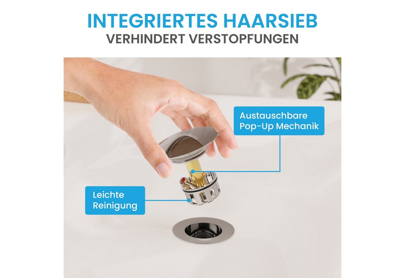 Bächlein Ablaufgarnitur Waschbeckenabfluss Pop Up (eleganter Waschbeckenstöpsel) Werkzeugloser Einbau - Click Clack Funktion – Bild 3 von 5