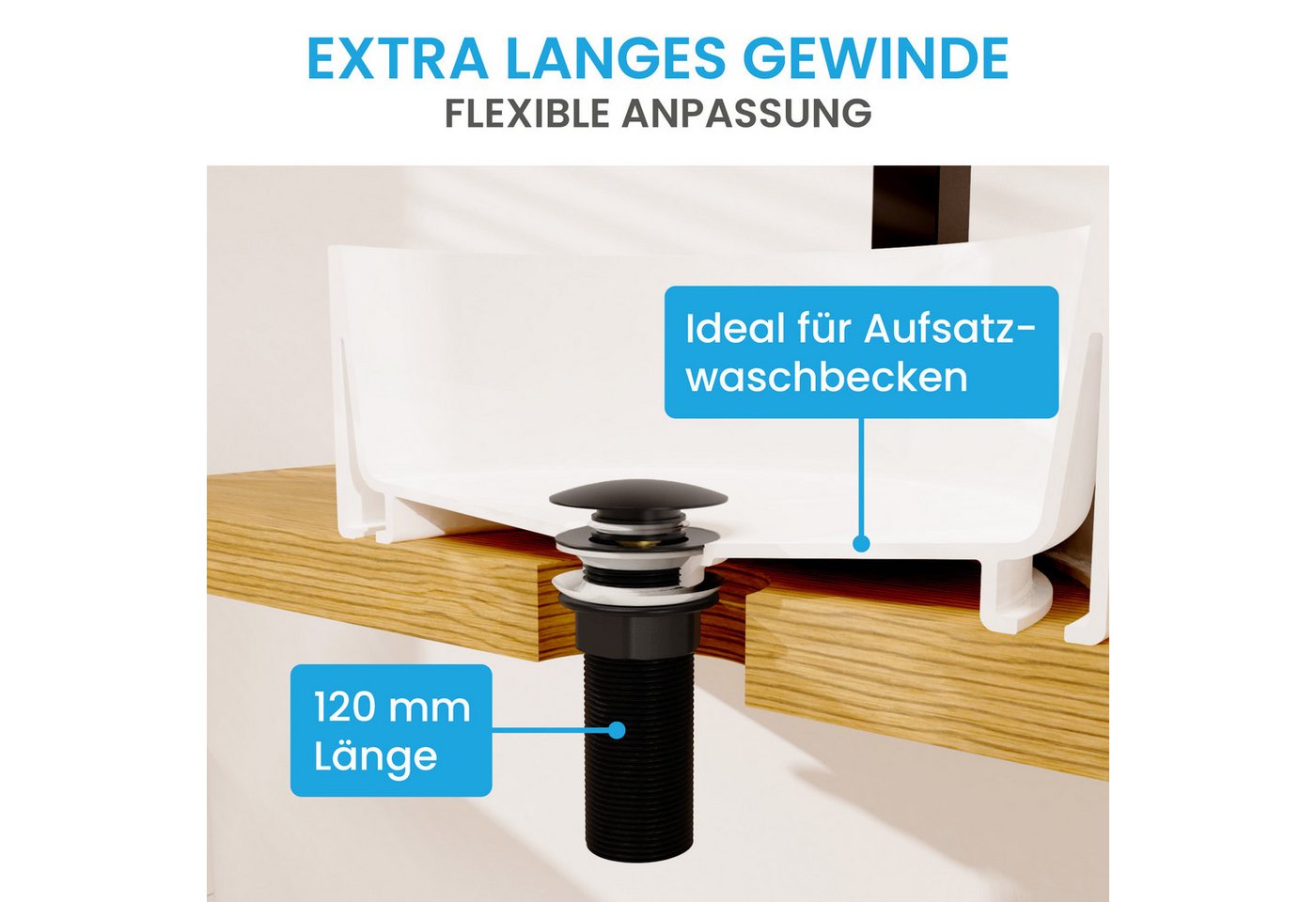 Bächlein Ablaufgarnitur Ablaufgarnitur Waschbeckenabfluss Pop Up - extra lang – Bild 2 von 5