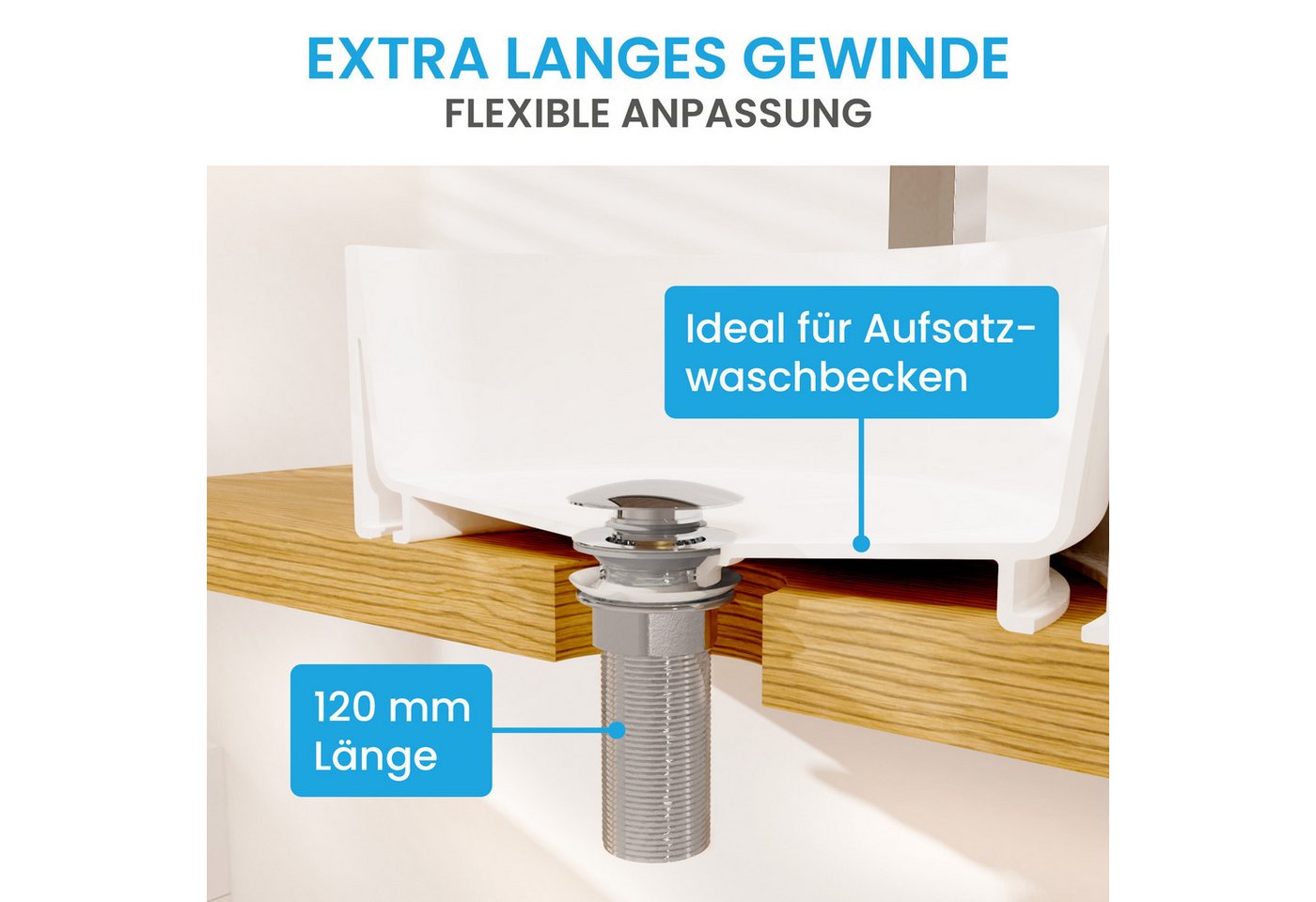 Bächlein Ablaufgarnitur Ablaufgarnitur Waschbeckenabfluss Pop Up - extra lang – Bild 2 von 5