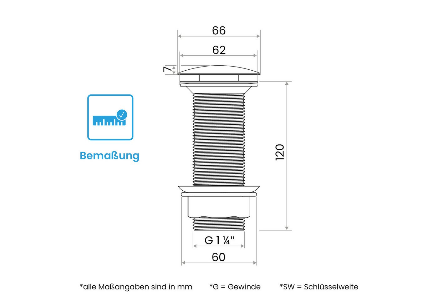 Bächlein Ablaufgarnitur Ablaufgarnitur Waschbeckenabfluss Pop Up - extra lang – Bild 5 von 5
