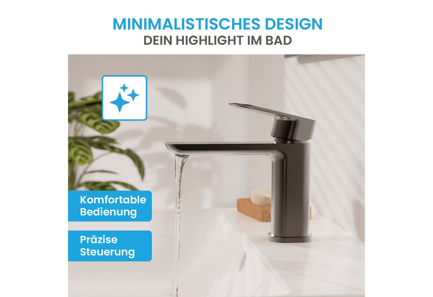 Bächlein Badarmatur Elegante Waschtischarmatur Mizarela (Anthrazit) hochwertiger Wasserhahn im minimalistischen Design – Bild 4 von 5