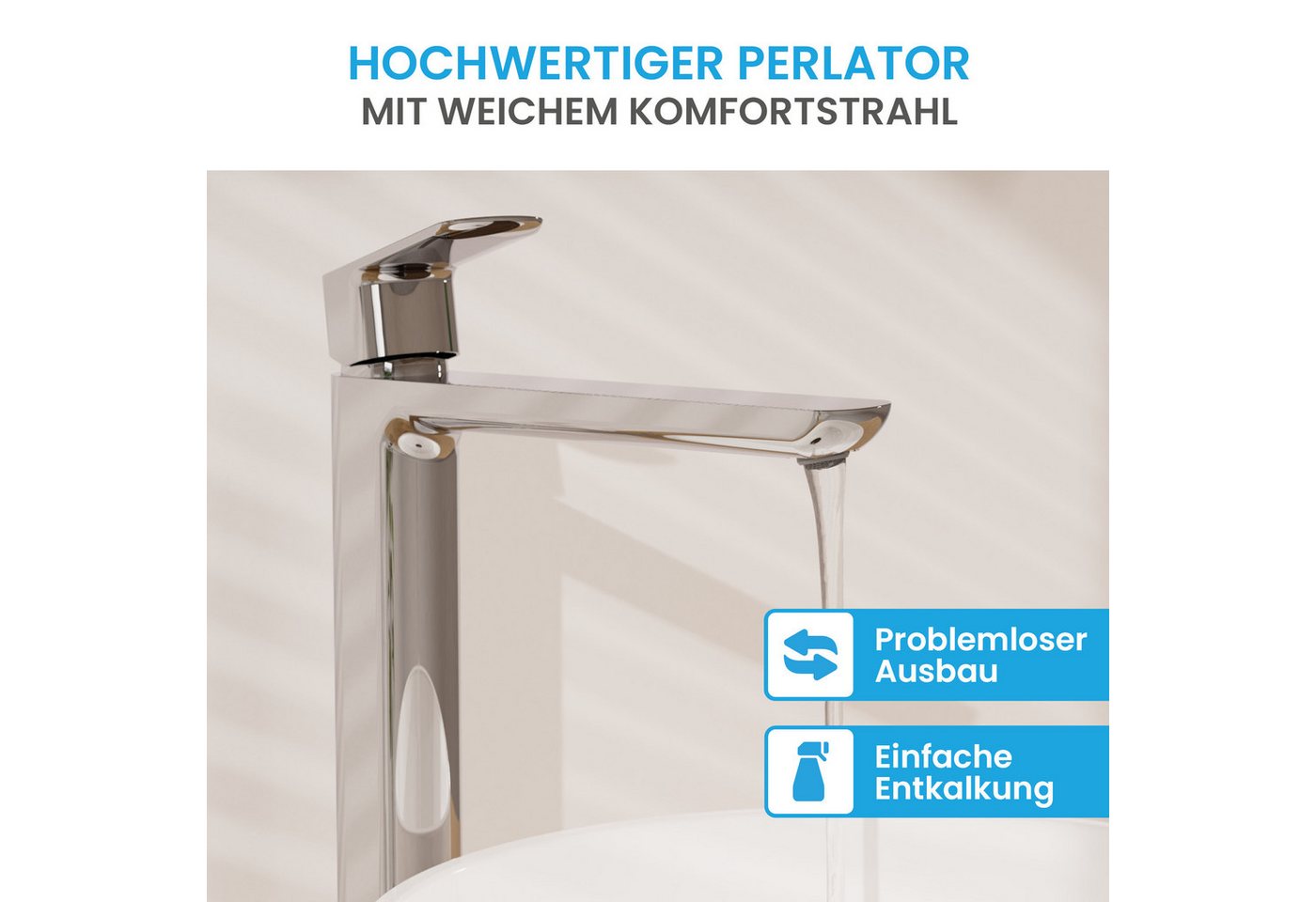 Bächlein Badarmatur Mizarela hoch - klassisches Design - ideal für Aufsatzwaschbecken hochwertiger Wasserhahn im hohen klassischen Design – Bild 2 von 5
