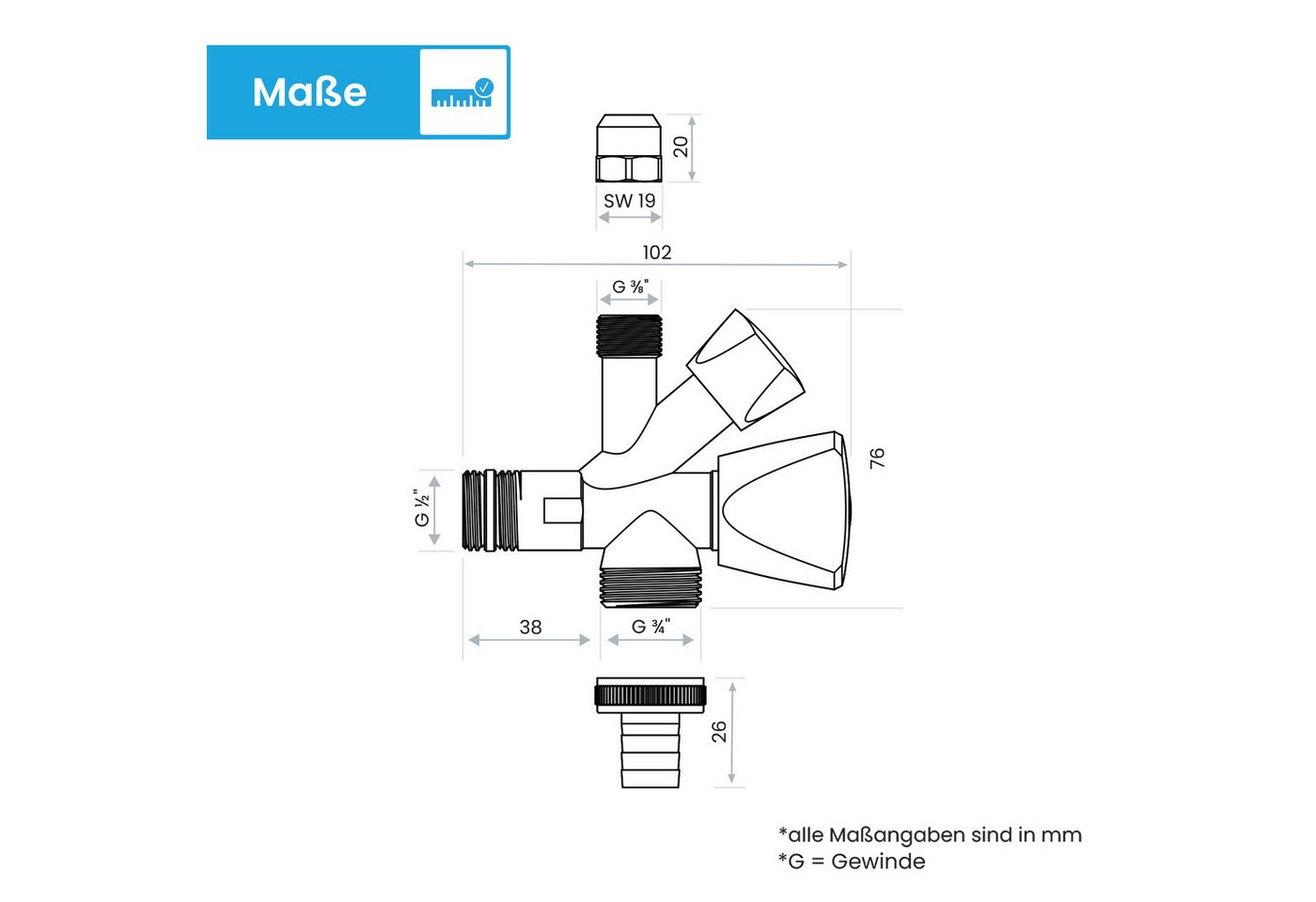 Bächlein Geräteventil Kombi-Eckventil - 3 Wege Auslaufventil, Chrom – Bild 5 von 5