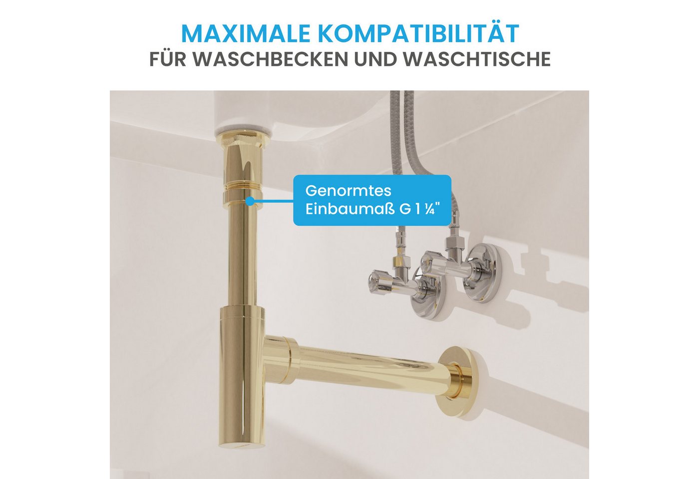 Bächlein Siphon Eleganter Waschbeckenablauf, (Hochwertiger Waschbeckensiphon, Goldfarben), Innovative Reinigungsöffnung, Universell einsetzbar – Bild 4 von 5