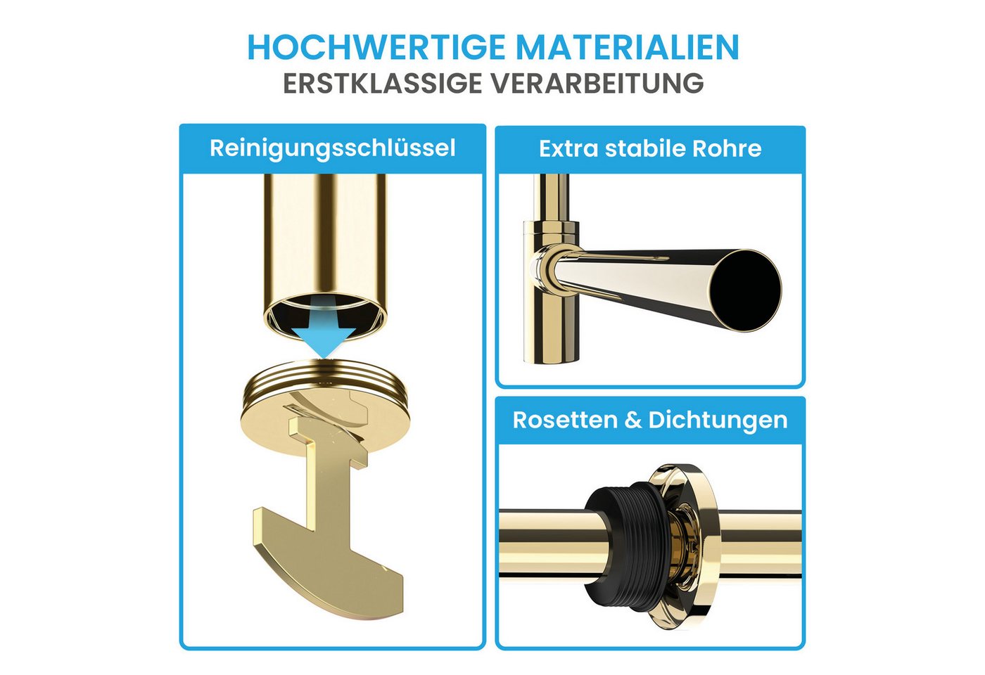 Bächlein Siphon Eleganter Waschbeckenablauf, (Hochwertiger Waschbeckensiphon, Goldfarben), Innovative Reinigungsöffnung, Universell einsetzbar – Bild 5 von 5