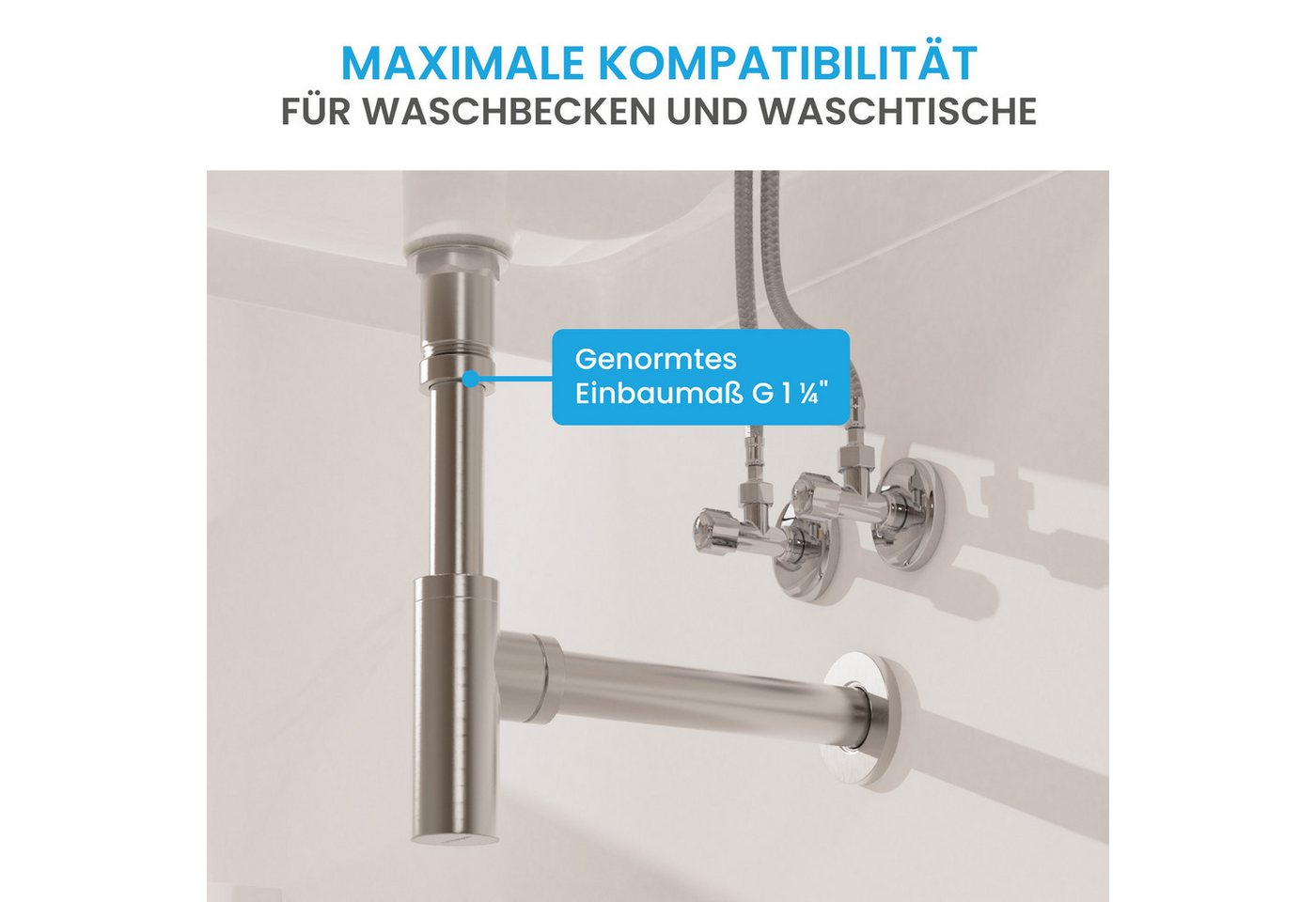 Bächlein Siphon Eleganter Waschbeckenablauf, (Hochwertiger Waschbeckensiphon, gebürsteter Edelstahl), Innovative Reinigungsöffnung, Universell einsetzbar – Bild 4 von 5