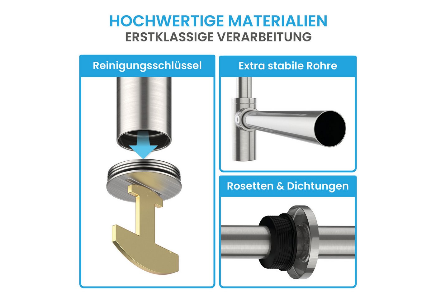 Bächlein Siphon Eleganter Waschbeckenablauf, (Hochwertiger Waschbeckensiphon, gebürsteter Edelstahl), Innovative Reinigungsöffnung, Universell einsetzbar – Bild 5 von 5