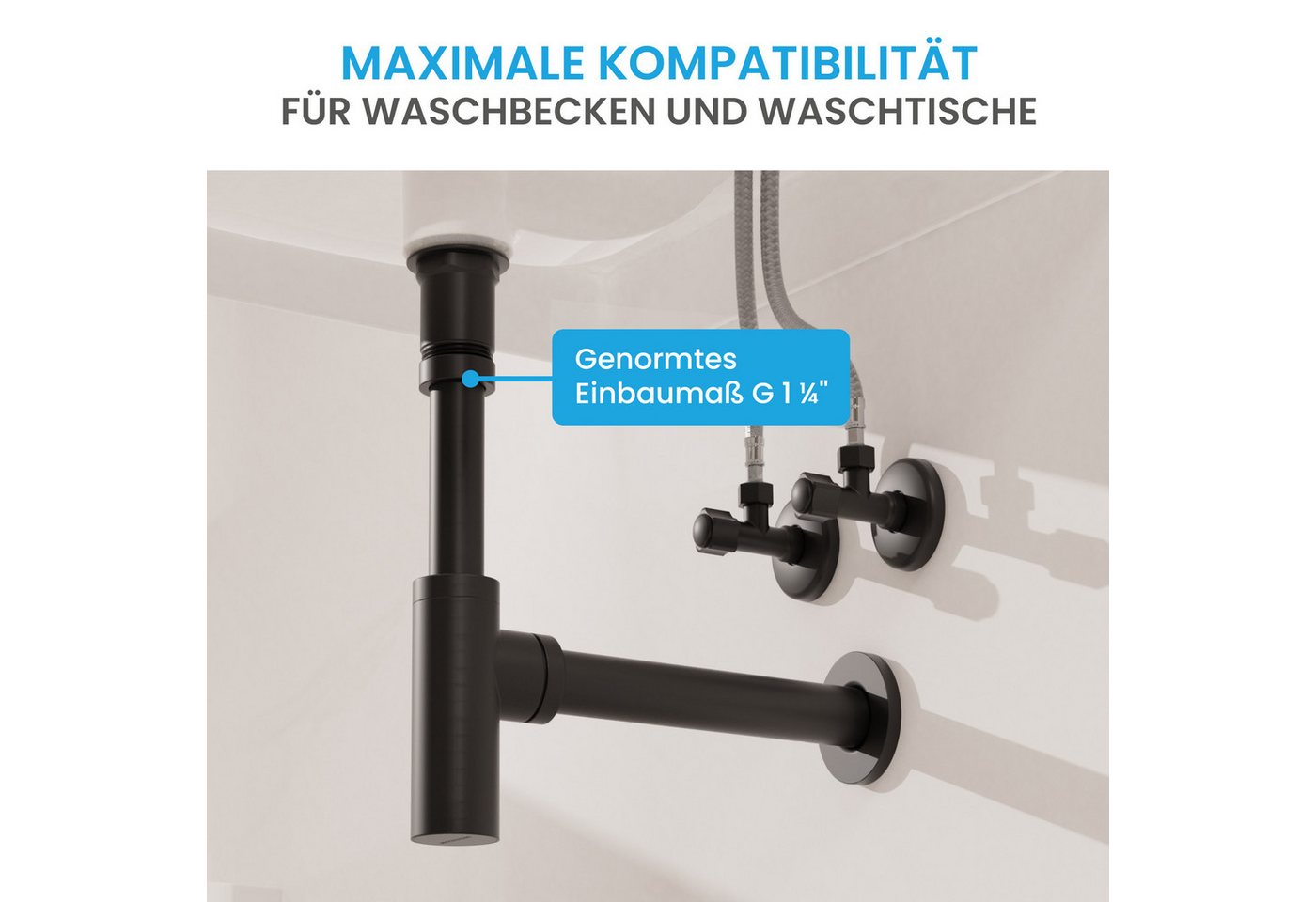 Bächlein Siphon Eleganter Waschbeckenablauf, (Hochwertiger Waschbeckensiphon, Matt Schwarz), Innovative Reinigungsöffnung, Universell einsetzbar – Bild 4 von 5