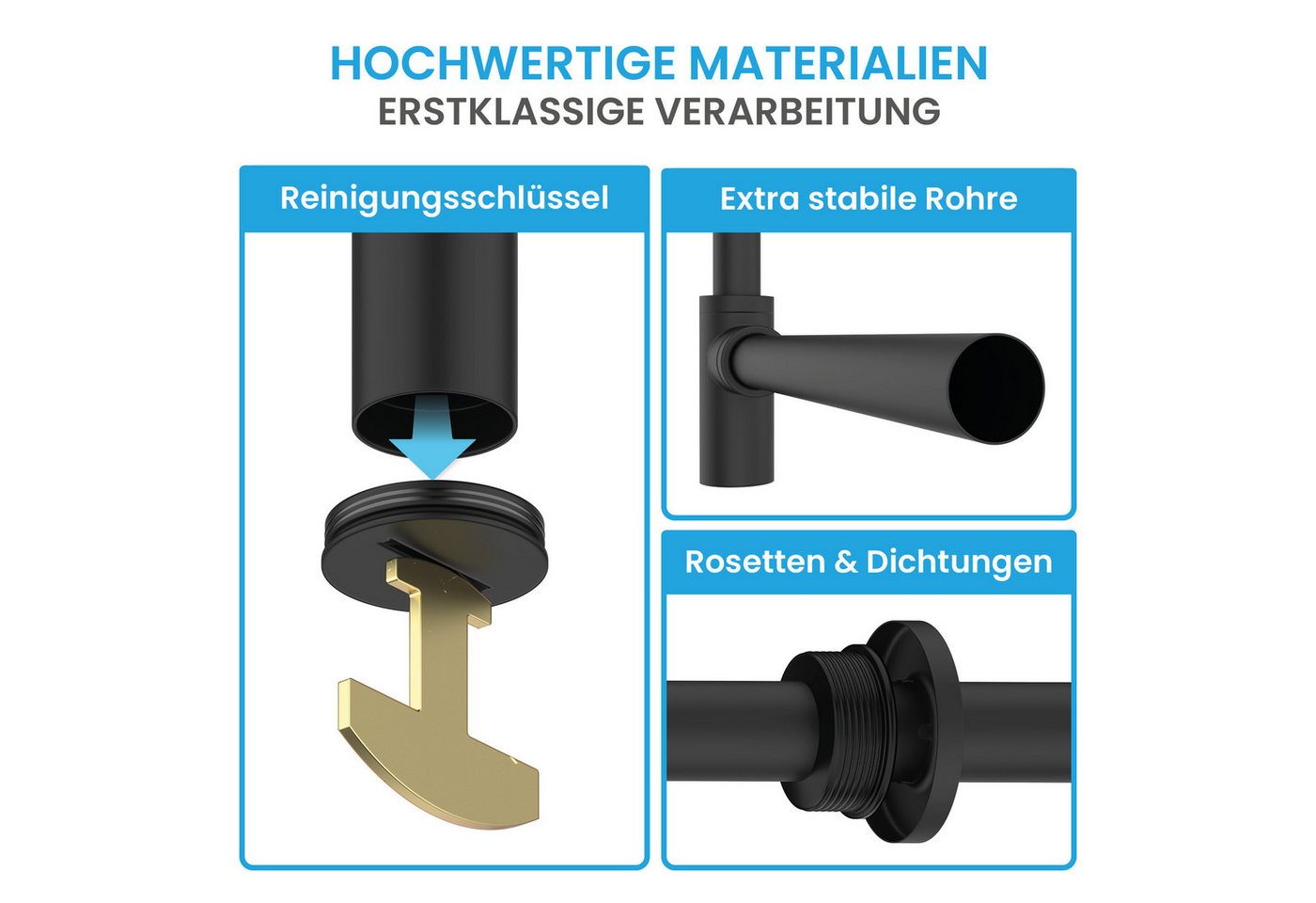 Bächlein Siphon Eleganter Waschbeckenablauf, (Hochwertiger Waschbeckensiphon, Matt Schwarz), Innovative Reinigungsöffnung, Universell einsetzbar – Bild 5 von 5