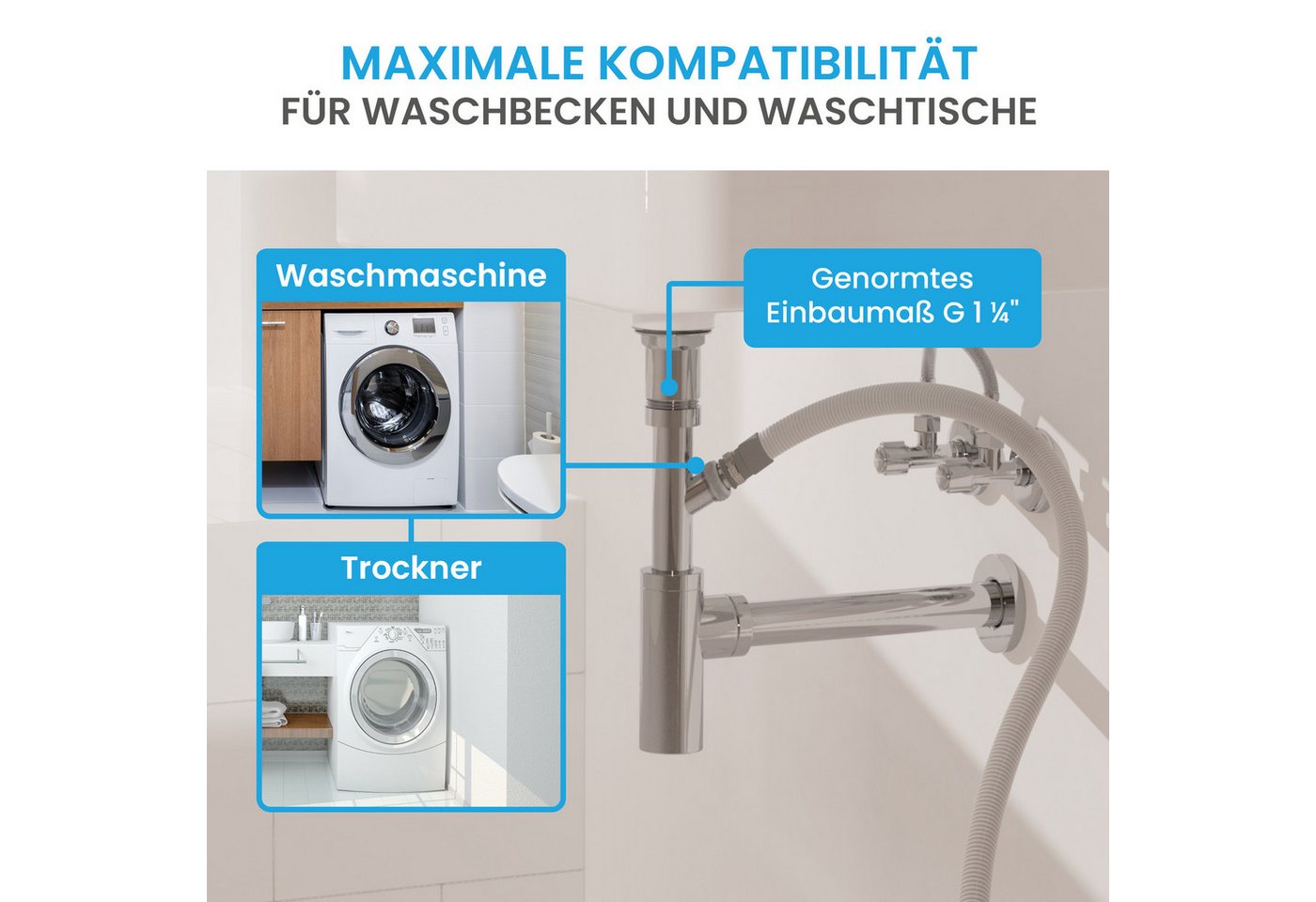 Bächlein Siphon Eleganter Waschbeckenablauf, (Hochwertiger Waschbeckensiphon, Chromfarben), Innovative Reinigungsöffnung, Universell einsetzbar – Bild 4 von 5