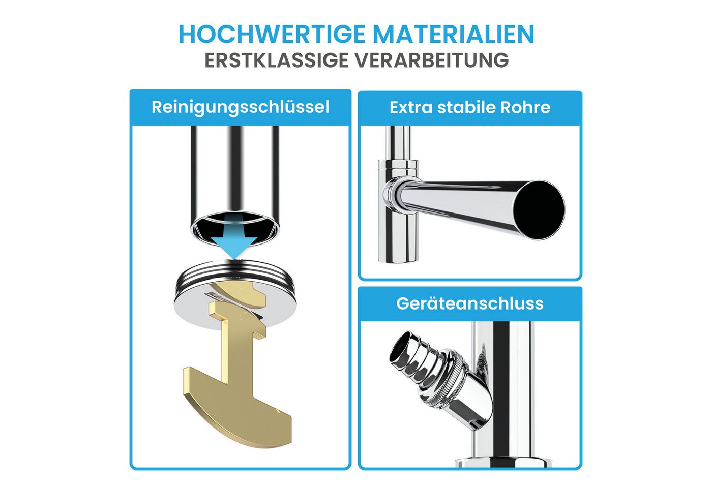 Bächlein Siphon Eleganter Waschbeckenablauf, (Hochwertiger Waschbeckensiphon, Chromfarben), Innovative Reinigungsöffnung, Universell einsetzbar – Bild 5 von 5
