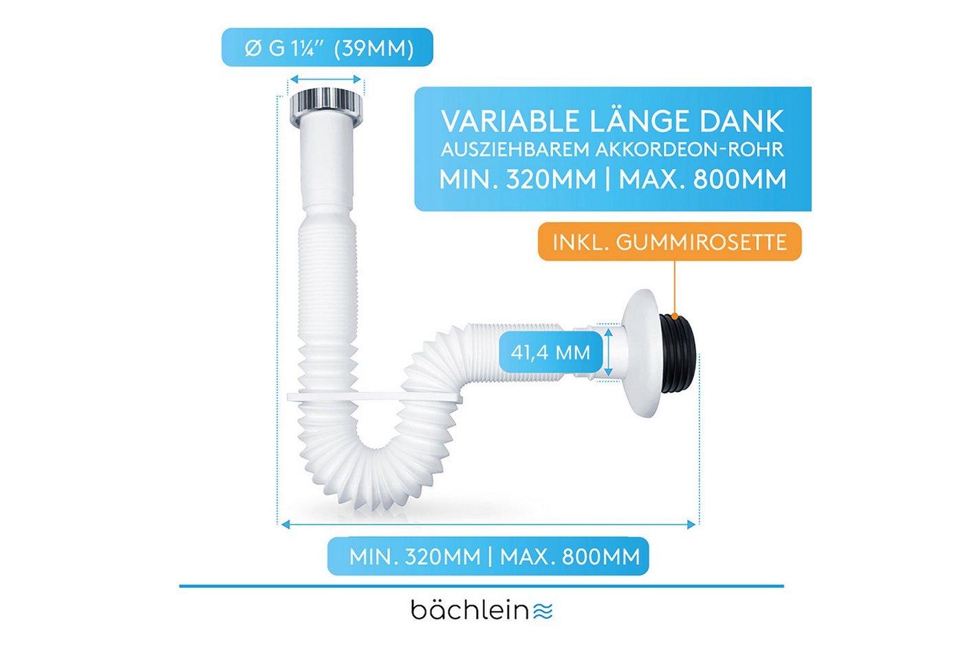 Bächlein Siphon Flexibler Ablaufschlauch Badezimmer, ausziehbar von 320-800mm mit Befestigungsclip – Bild 2 von 5