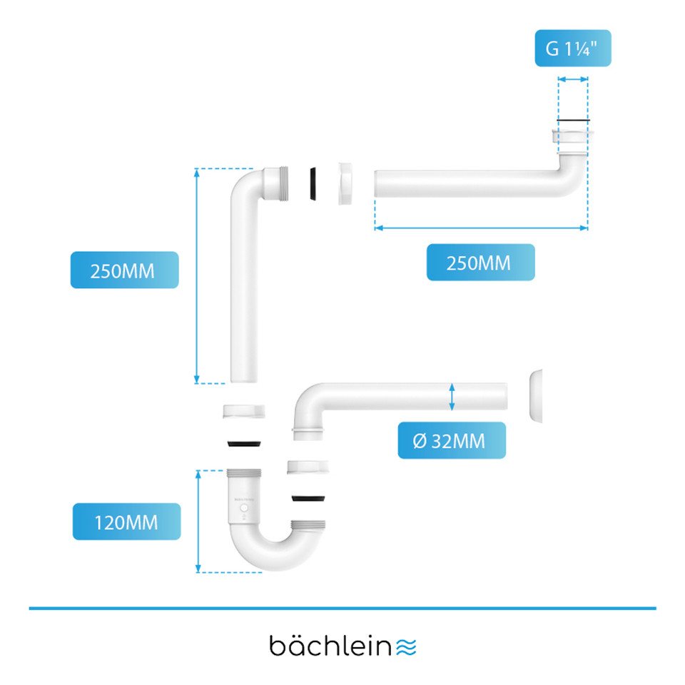 Bächlein Siphon Raumsparsiphon Badezimmer G 1 1/4", Geruchsverschluss für Waschbecken, (Set), flexibler Geruchsverschluss – Bild 4 von 5