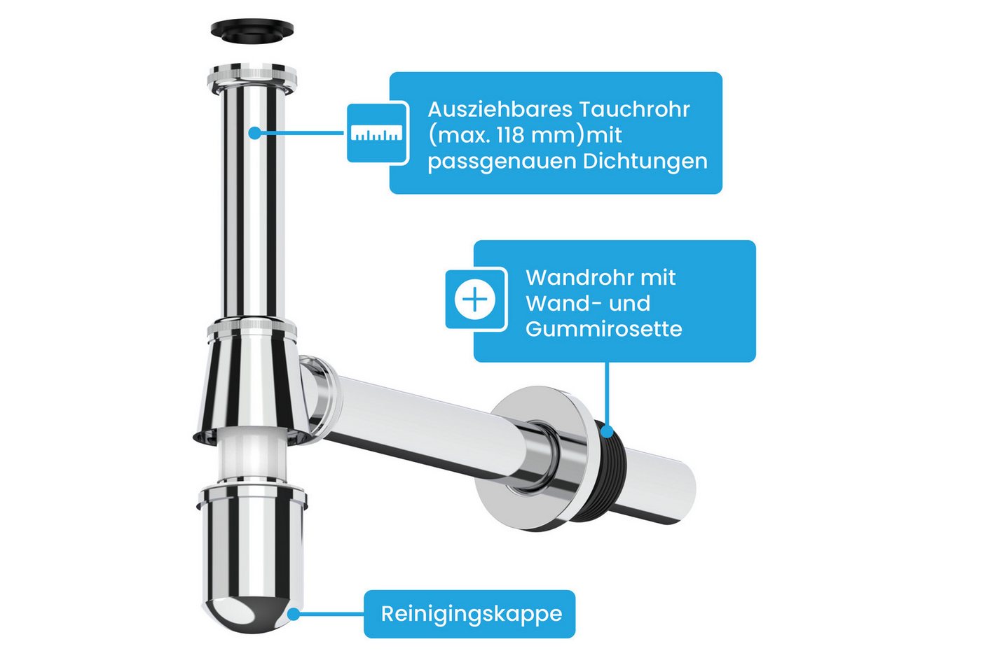 Bächlein Siphon Tassensiphon mit abnehmbarer Reinigungskappe, massives, verchromtes Messing – Bild 3 von 5