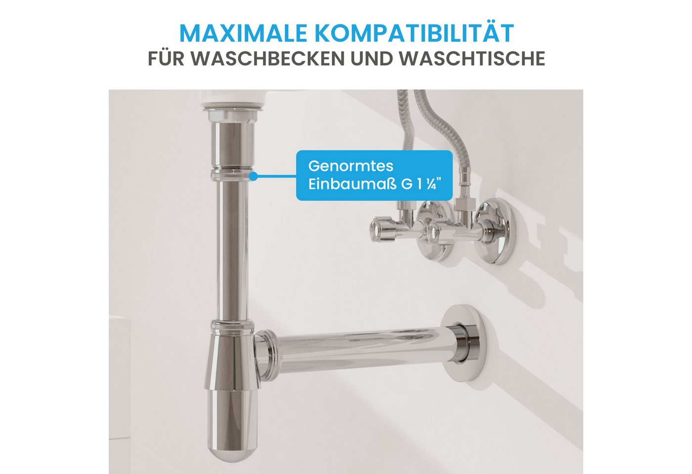 Bächlein Siphon Tassensiphon mit abnehmbarer Reinigungskappe, massives, verchromtes Messing – Bild 4 von 5