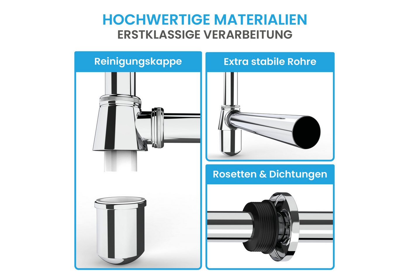 Bächlein Siphon Tassensiphon mit abnehmbarer Reinigungskappe, massives, verchromtes Messing – Bild 5 von 5