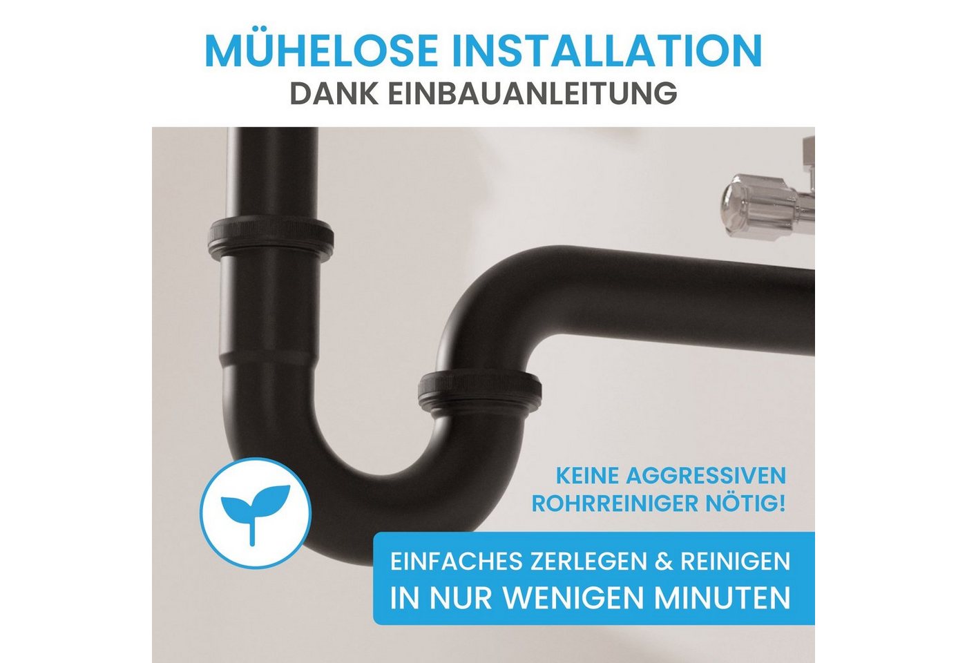 Bächlein Siphon Universaler Röhrensiphon, (flexibler Waschbeckenablauf, Matt Schwarz), Einfache Montage - Hochwertiger Chrom-Ablauf – Bild 2 von 5