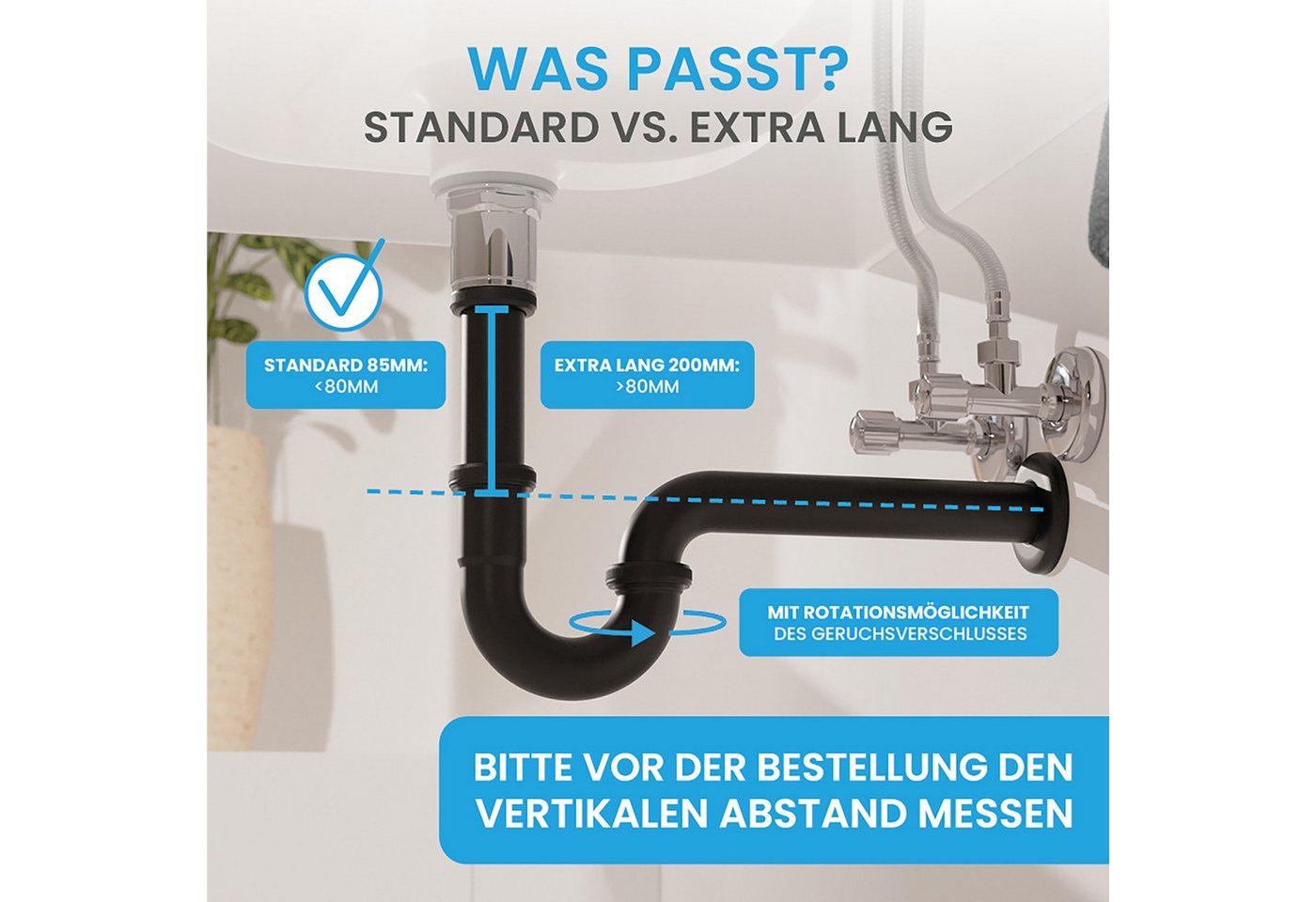 Bächlein Siphon Universaler Röhrensiphon, (flexibler Waschbeckenablauf, Matt Schwarz), Einfache Montage - Hochwertiger Chrom-Ablauf – Bild 4 von 5