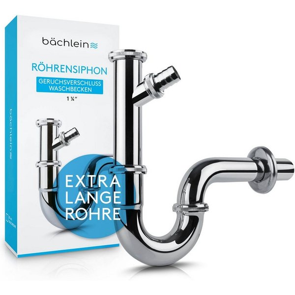Bächlein Siphon Universaler Röhrensiphon, (flexibler Waschbeckenablauf mit Geräteanschluss), Einfache Montage - Hochwertiger Chrom-Ablauf