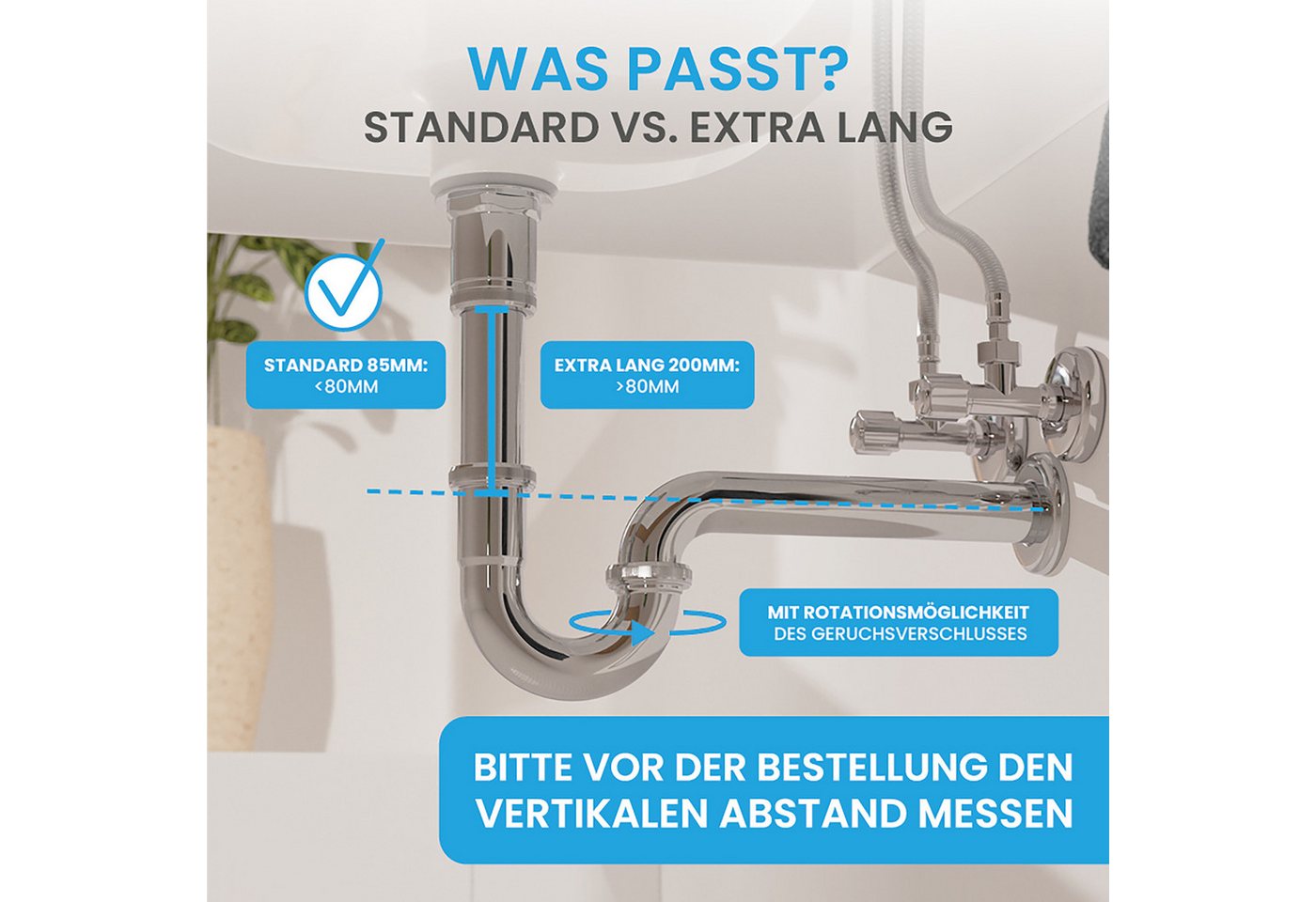 Bächlein Siphon Universaler Röhrensiphon, (flexibler Waschbeckenablauf), Einfache Montage - Hochwertiger Chrom-Ablauf – Bild 4 von 5