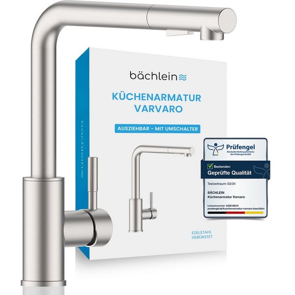 Bächlein Spültischarmatur Elegante Küchenarmatur Varvaro (Edelstahl gebürstet) hochwertige Designarmatur mit ausziehbarer Wasserbrause