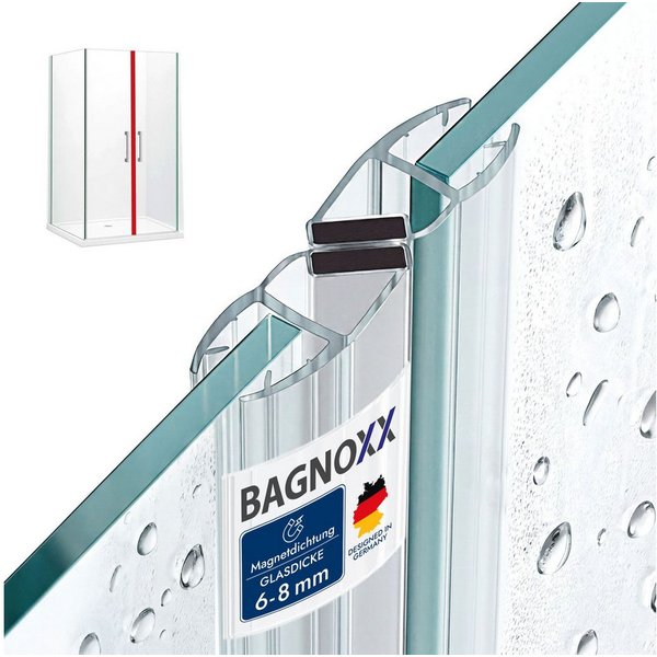 Bagnoxx Duschdichtung, L: 200 cm, (Duschdichtung Magnetdichtung für Duschtüren, 200cm, 2-teilig, 1-St), Schließwinkel von 90 & 180 Grad, Schiebetür, einseitige 