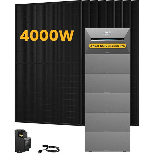 Anker Balkonkraftwerk 4000W Anker SOLIX Solarbank 3 E2700 Pro mit Smart Meter, Zusatzsakkus, (Smart Meter und 8x 500Wp Full Black im Lieferumfang enthalten), Sp