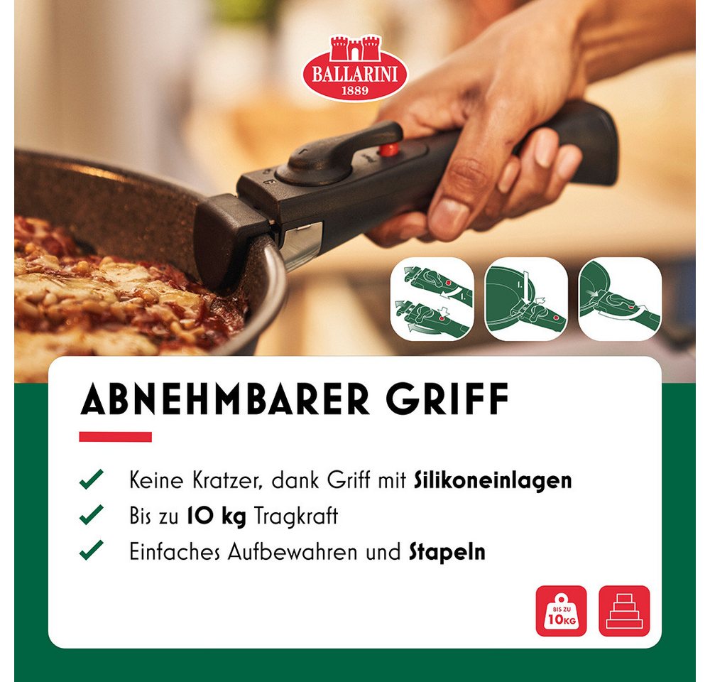 BALLARINI Pfannen-Set Bratpfanne Torre, Aluminium (Set, 2-tlg., 1 abnehmbarer Griff, 1 Bratpfanne), Abnehmbarer Griff, Keramikbeschichtung, Made in Italy, stape – Bild 4 von 5