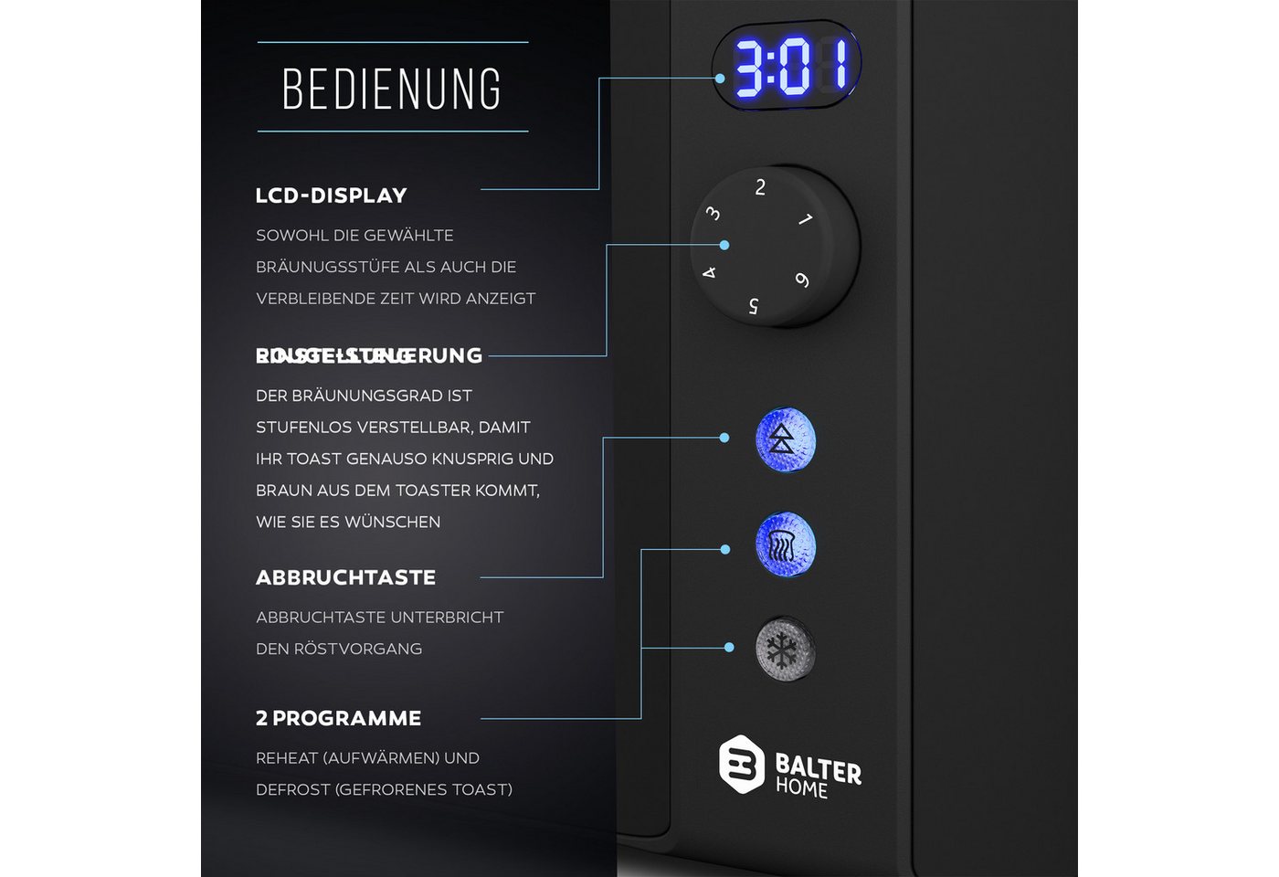 Balter Toaster Toaster TS-04-LCD Edehlstahl Schwarz, Langschlitz, für bis 4 Scheiben, 1500 W, LCD Anzeige – Bild 3 von 5