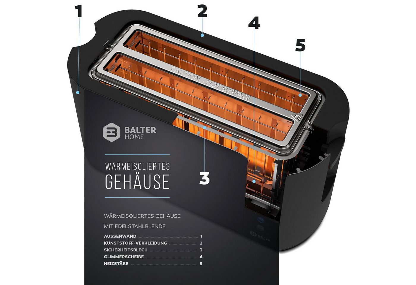 Balter Toaster Toaster TS-04-LCD Edehlstahl Schwarz, Langschlitz, für bis 4 Scheiben, 1500 W, LCD Anzeige – Bild 4 von 5